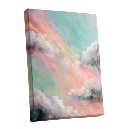 Pastel Cloud Reverie, pink, white, blue nature wall art shown as a stretched canvas wall art