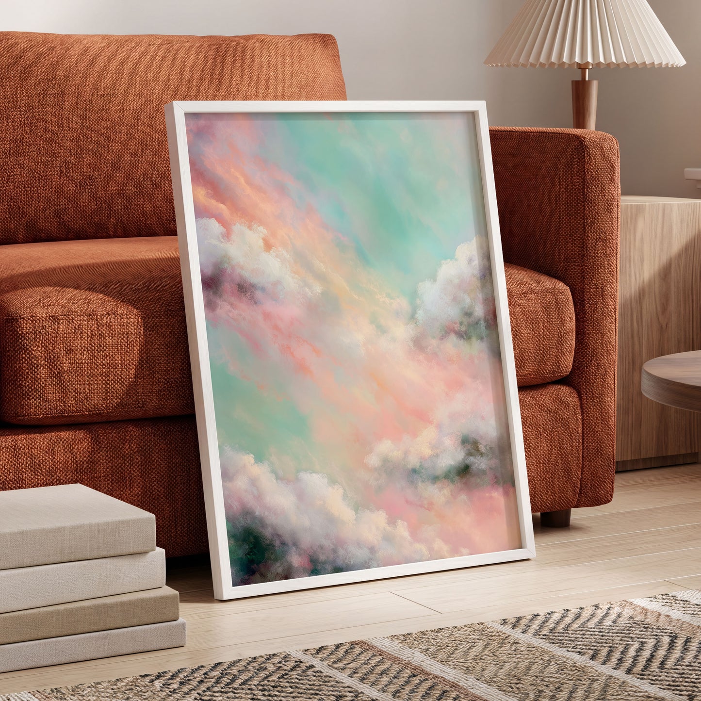Pastel Cloud Reverie, pink, white, blue nature wall art displayed in a styled interior, gallery view 2