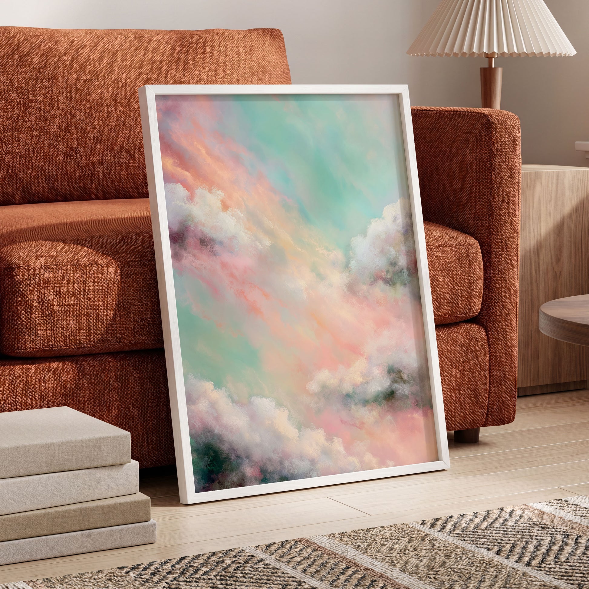 Pastel Cloud Reverie, pink, white, blue nature wall art displayed in a styled interior, gallery view 2