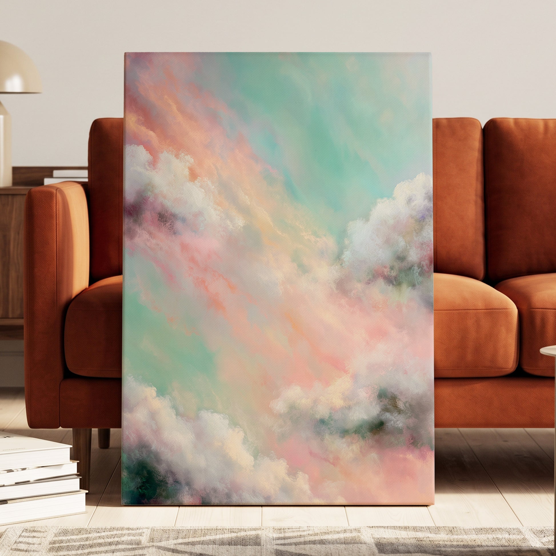 Pastel Cloud Reverie, pink, white, blue nature wall art displayed in a styled interior, gallery view 3