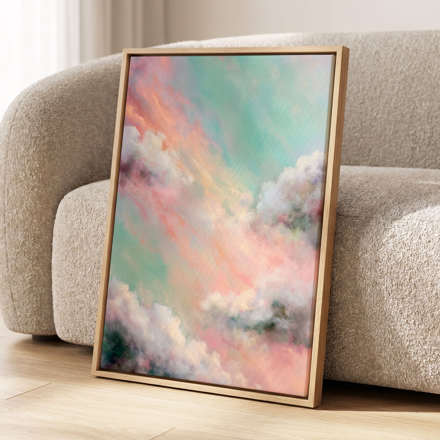 Pastel Cloud Reverie, pink, white, blue nature wall art displayed in a styled interior, gallery view 4