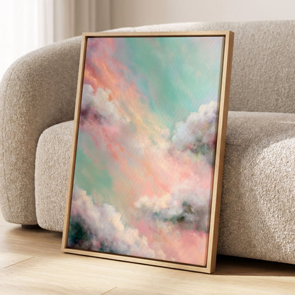 Pastel Cloud Reverie, pink, white, blue nature wall art displayed in a styled interior, gallery view 4