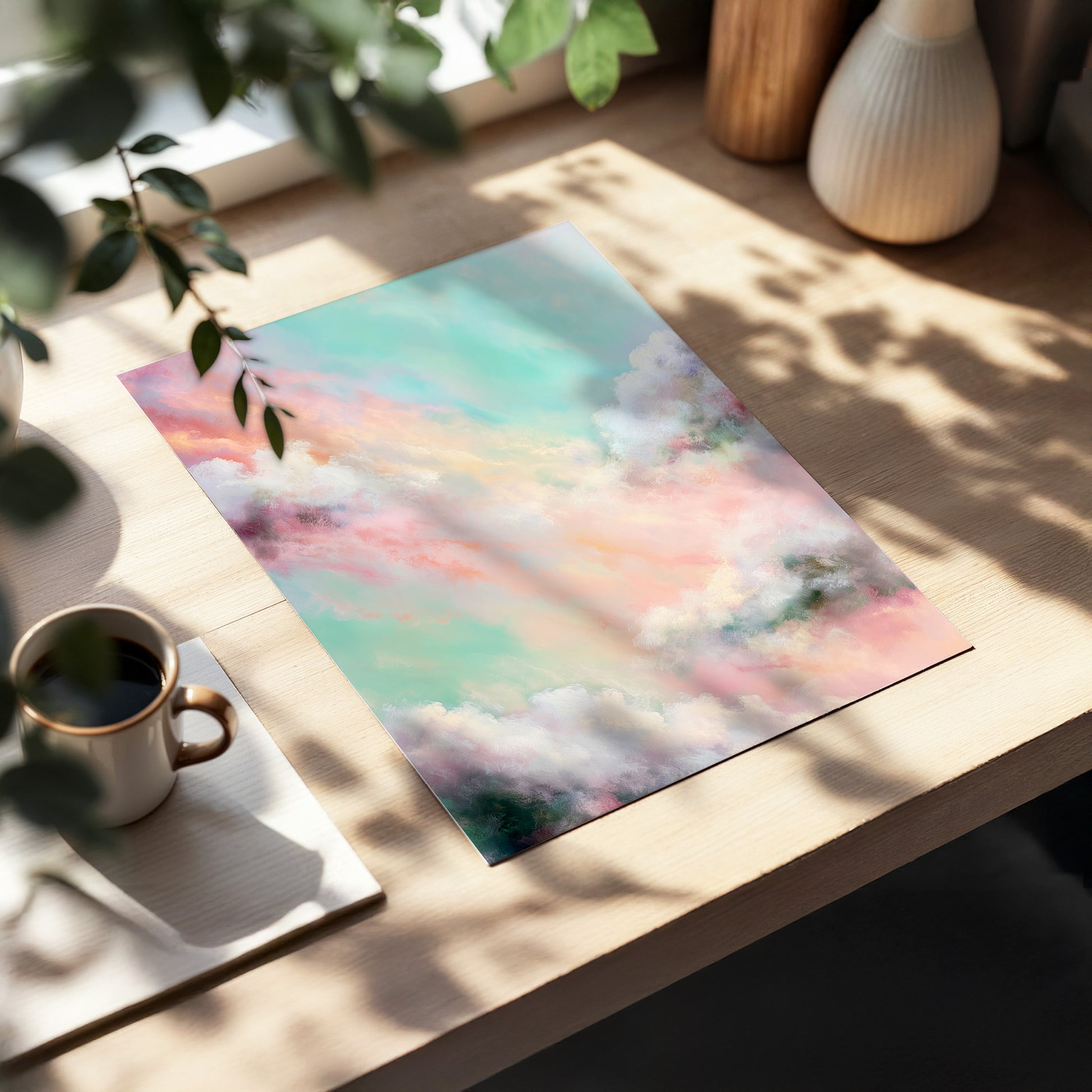 Pastel Cloud Reverie, pink, white, blue nature wall art displayed in a styled interior, gallery view 5