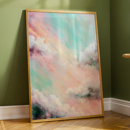 Pastel Cloud Reverie, pink, white, blue nature wall art displayed in a styled interior, gallery view 6