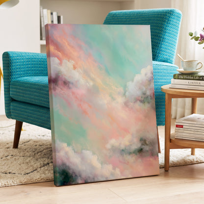 Pastel Cloud Reverie, pink, white, blue nature wall art displayed in a styled interior, gallery view 7