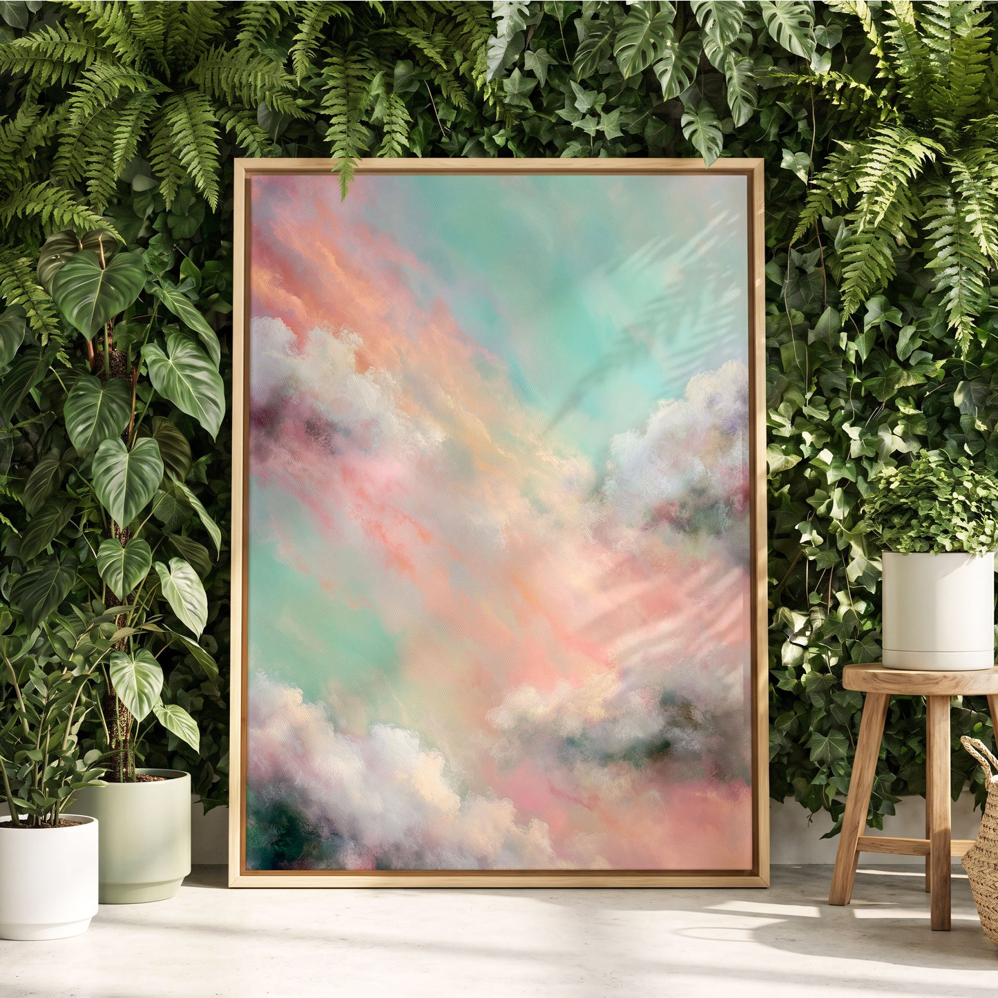 Pastel Cloud Reverie, pink, white, blue nature wall art displayed in a styled interior, gallery view 8