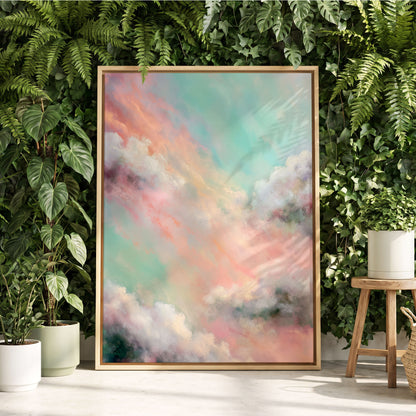 Pastel Cloud Reverie, pink, white, blue nature wall art displayed in a styled interior, gallery view 8
