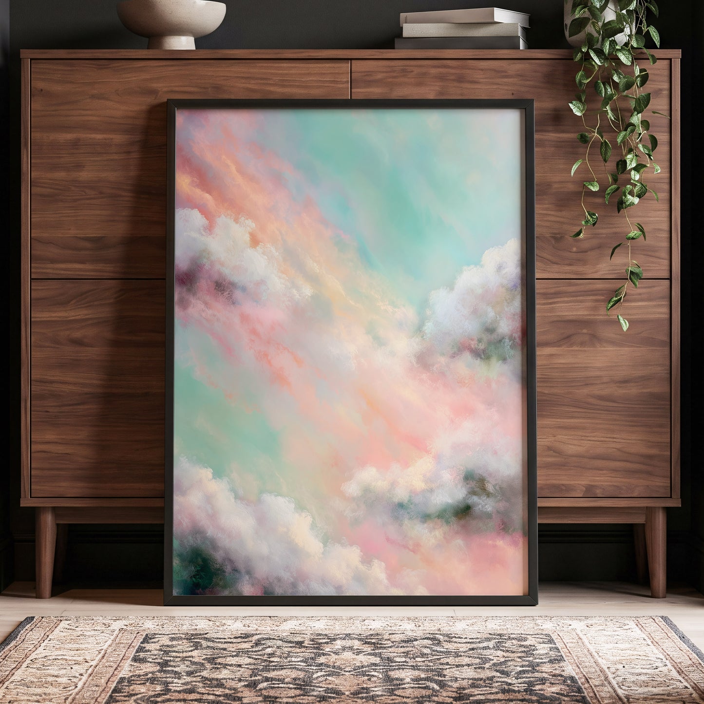 Pastel Cloud Reverie, pink, white, blue nature wall art displayed in a styled interior, gallery view 9