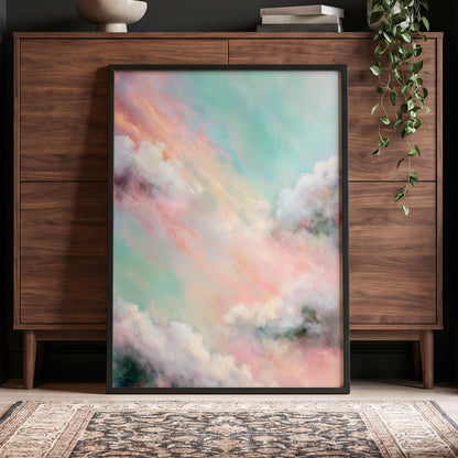 Pastel Cloud Reverie, pink, white, blue nature wall art displayed in a styled interior, gallery view 9