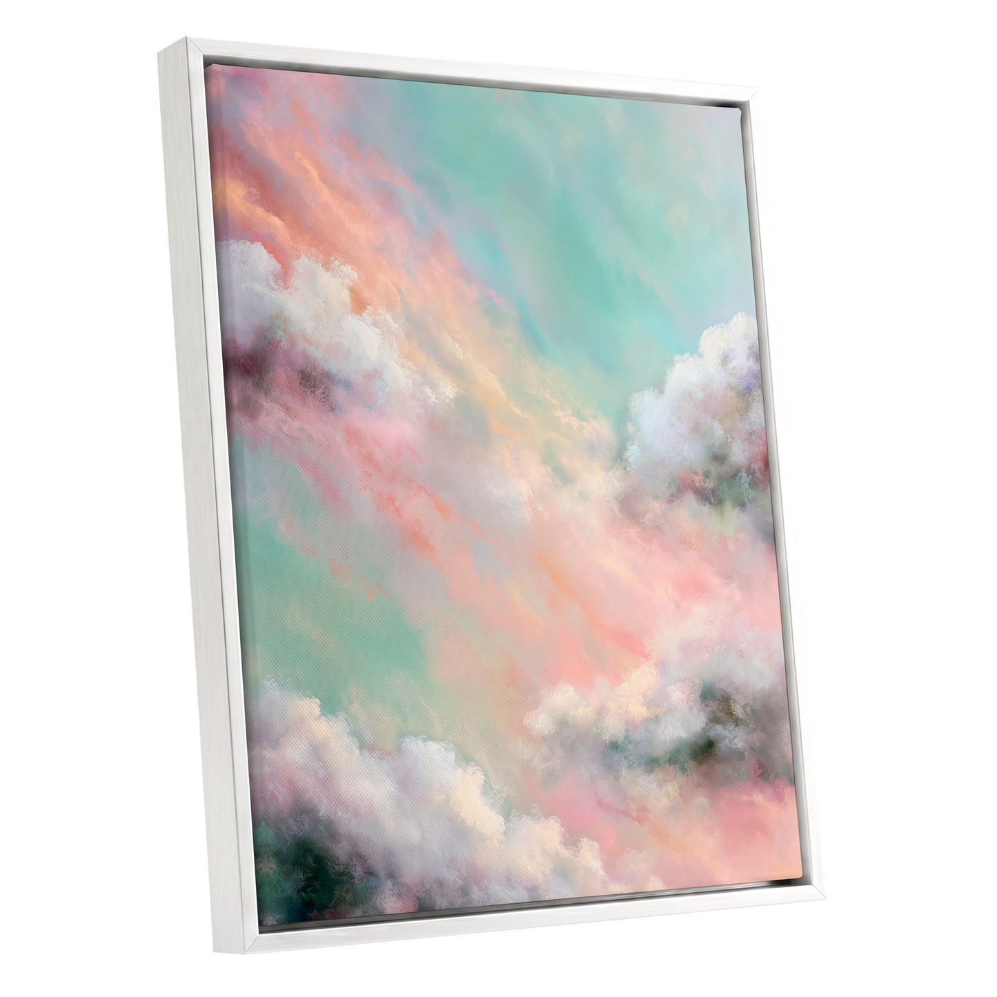 Pastel Cloud Reverie, pink, white, blue nature wall art shown as a white framed canvas wall art