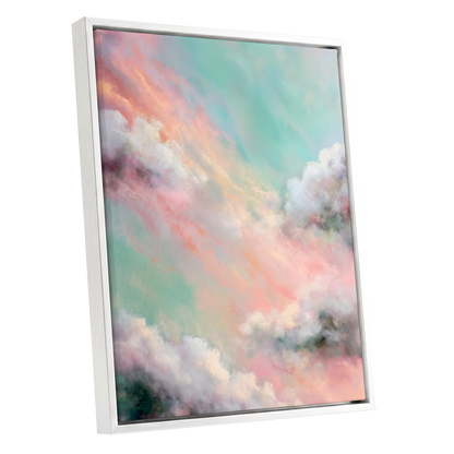 Pastel Cloud Reverie, pink, white, blue nature wall art shown as a white framed canvas wall art