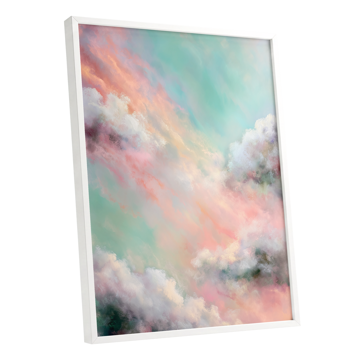 Pastel Cloud Reverie, pink, white, blue nature wall art shown as a white framed poster wall art print