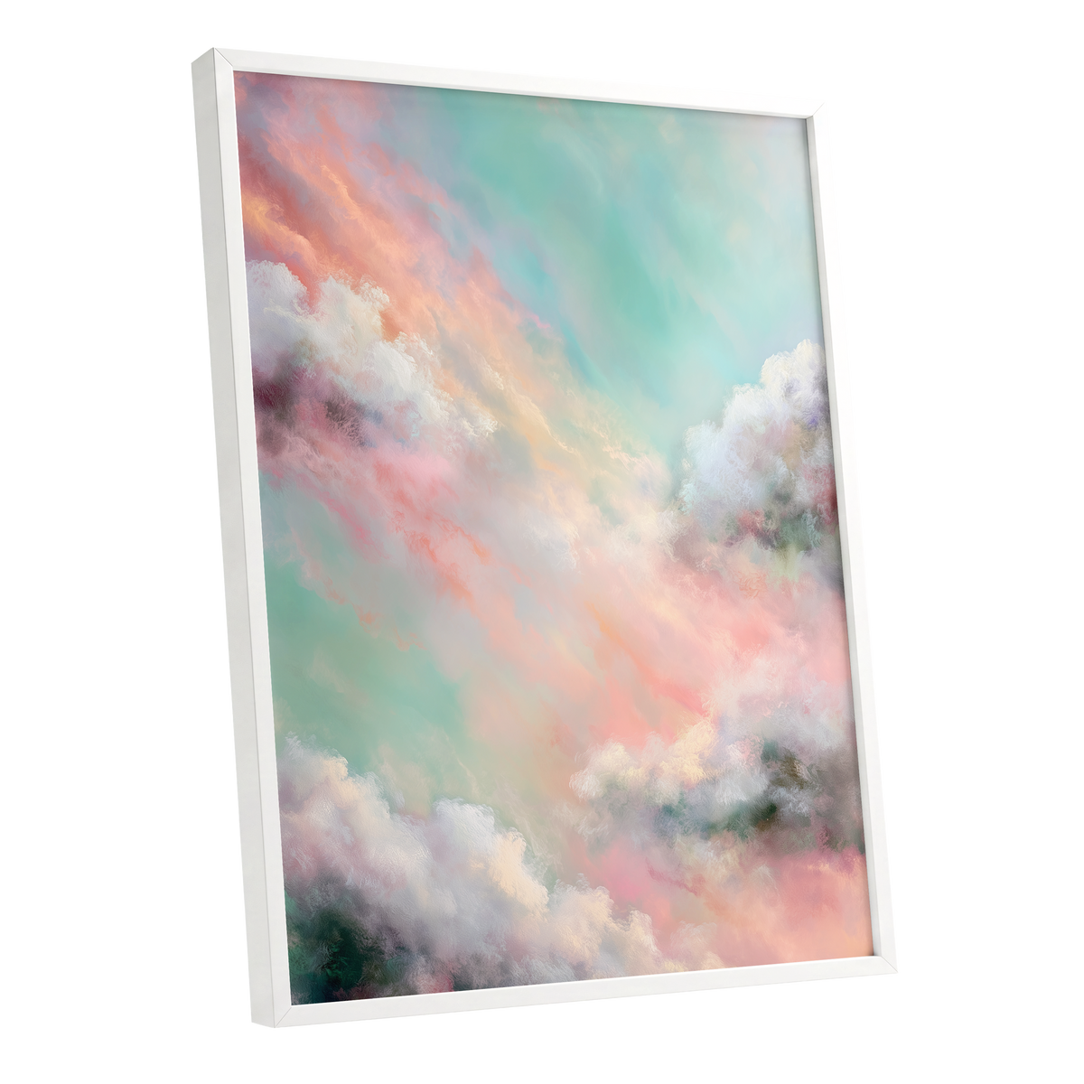 Pastel Cloud Reverie, pink, white, blue nature wall art shown as a white framed poster wall art print