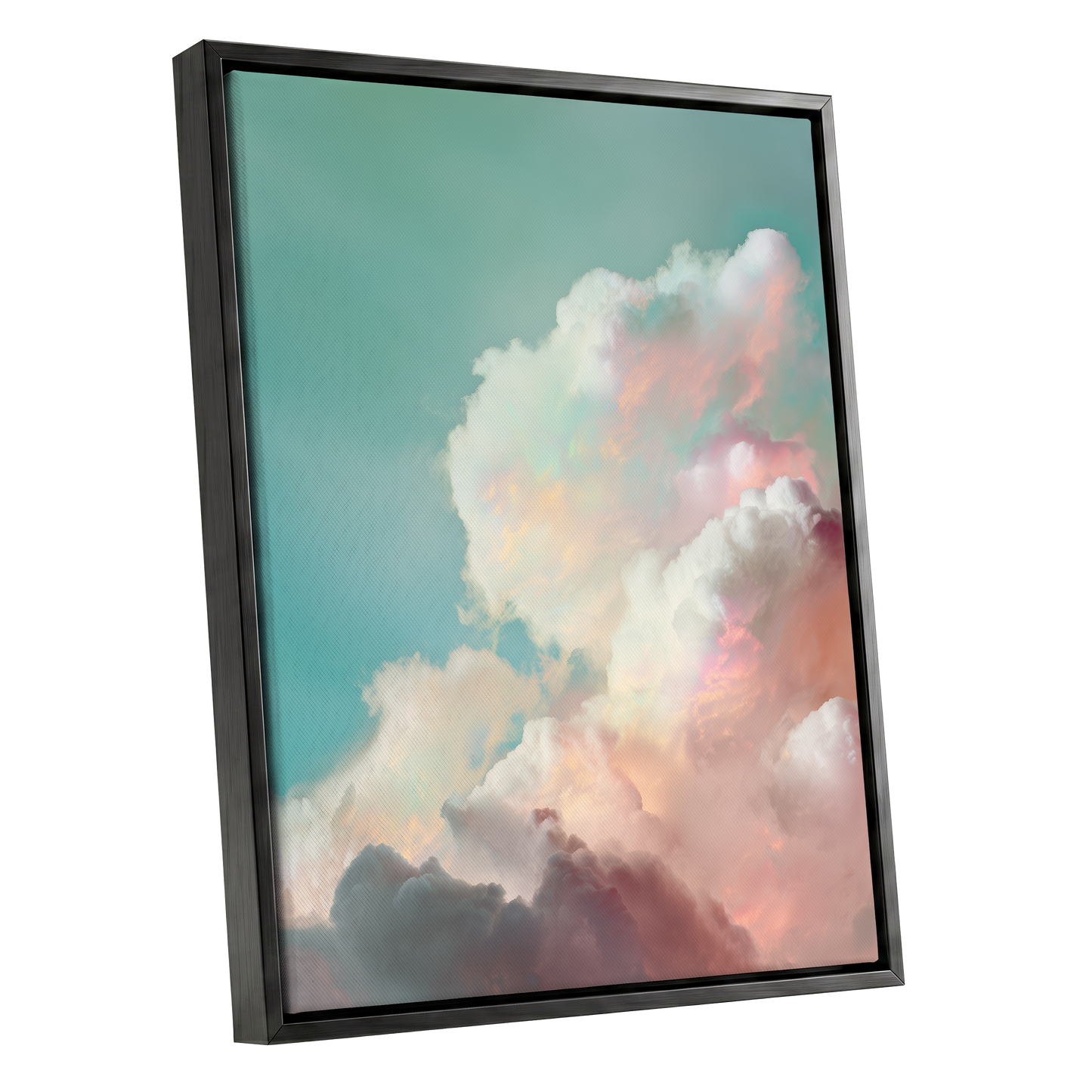 Pastel Cloudbreak, white, pink, blue nature wall art shown as a black framed canvas wall art