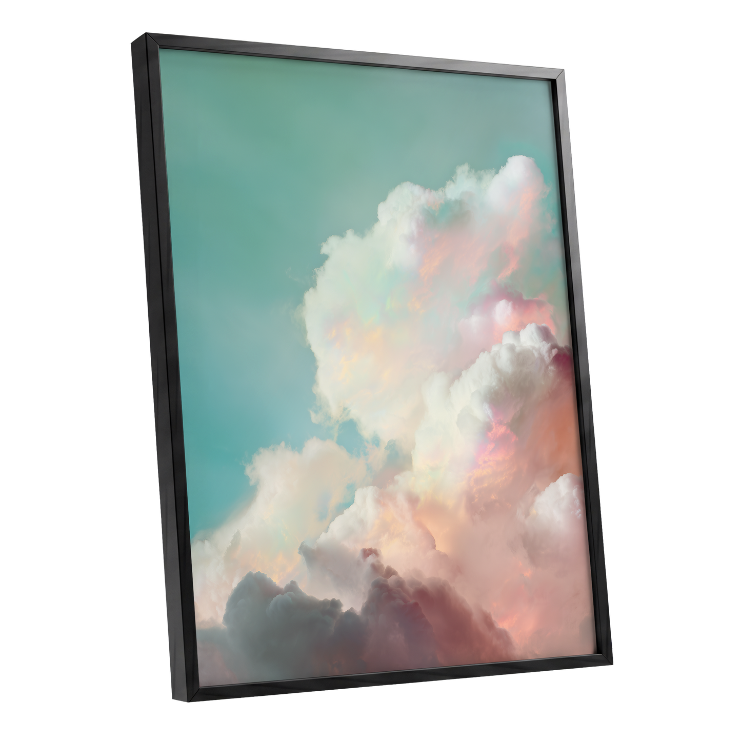 Pastel Cloudbreak, white, pink, blue nature wall art shown as a black framed poster wall art print