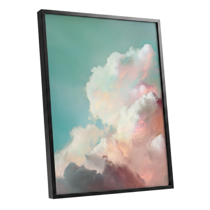 Pastel Cloudbreak, white, pink, blue nature wall art shown as a black framed poster wall art print