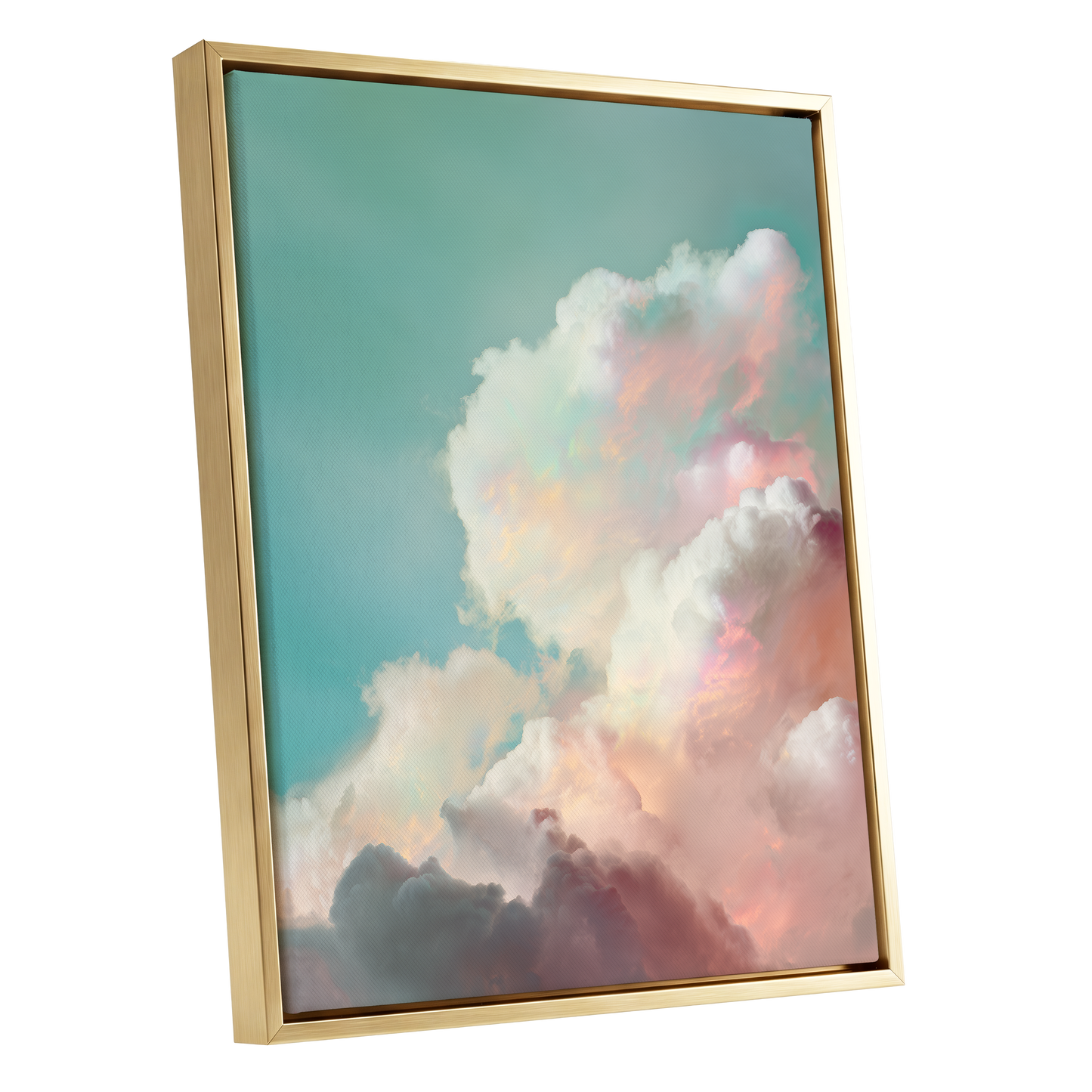Pastel Cloudbreak, white, pink, blue nature wall art shown as a gold framed canvas wall art