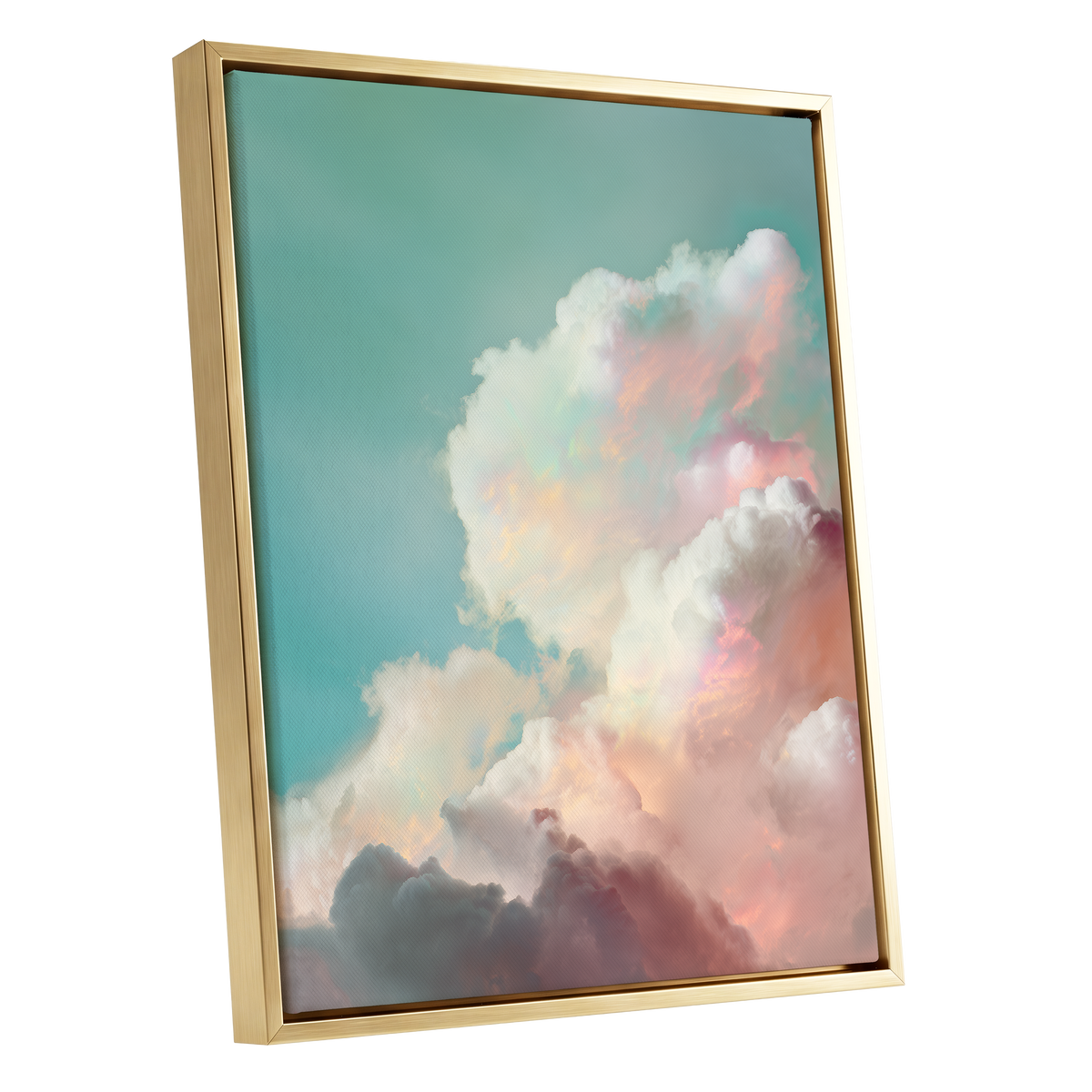 Pastel Cloudbreak, white, pink, blue nature wall art shown as a gold framed canvas wall art