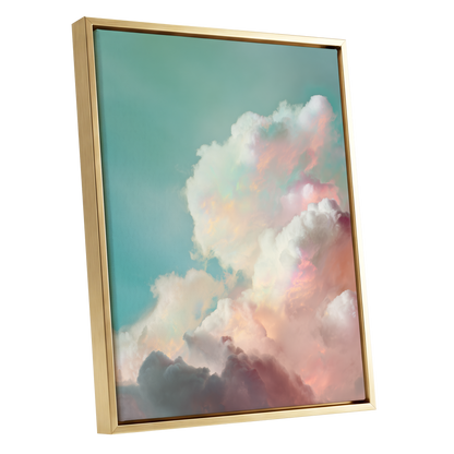 Pastel Cloudbreak, white, pink, blue nature wall art shown as a gold framed canvas wall art