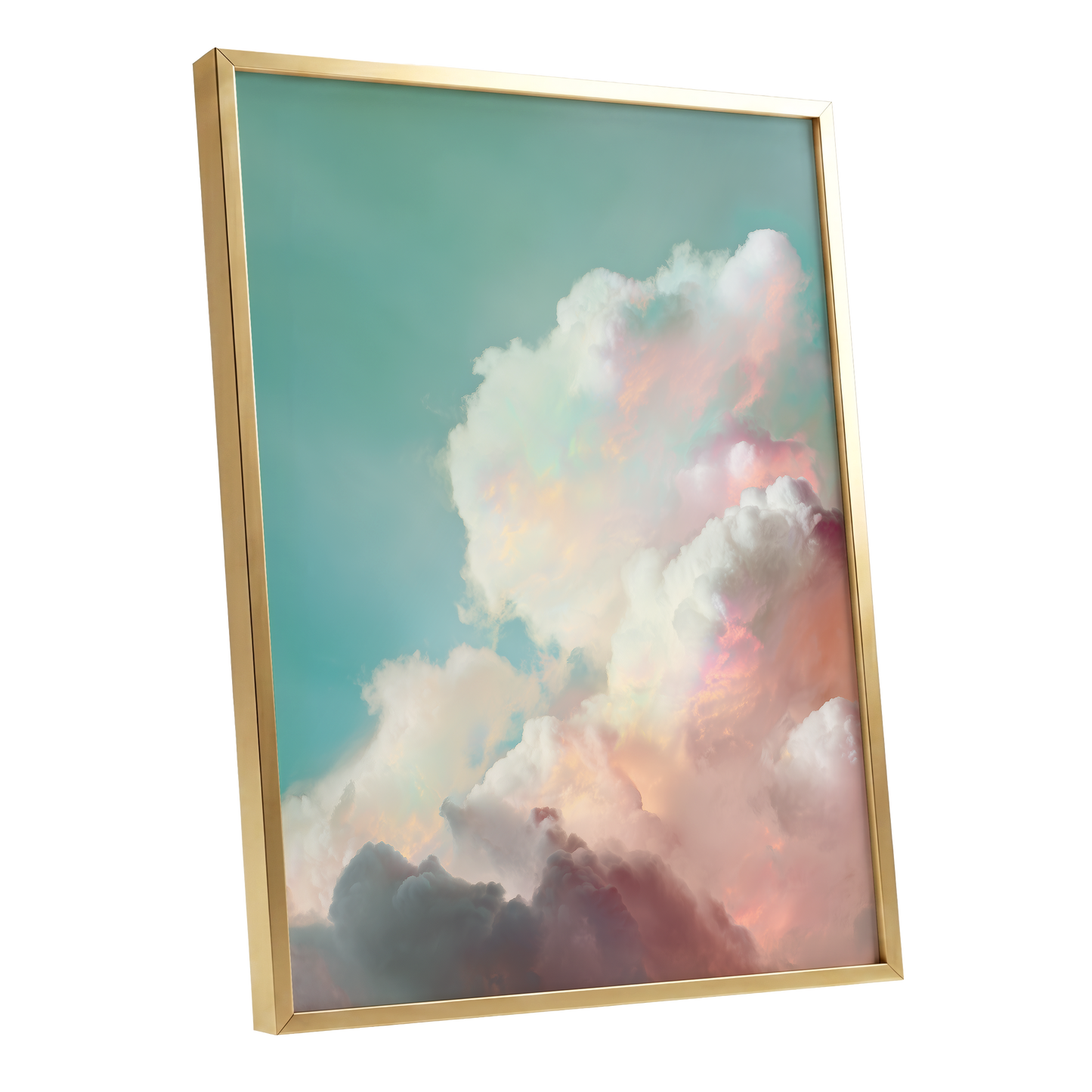 Pastel Cloudbreak, white, pink, blue nature wall art shown as a gold framed poster wall art print