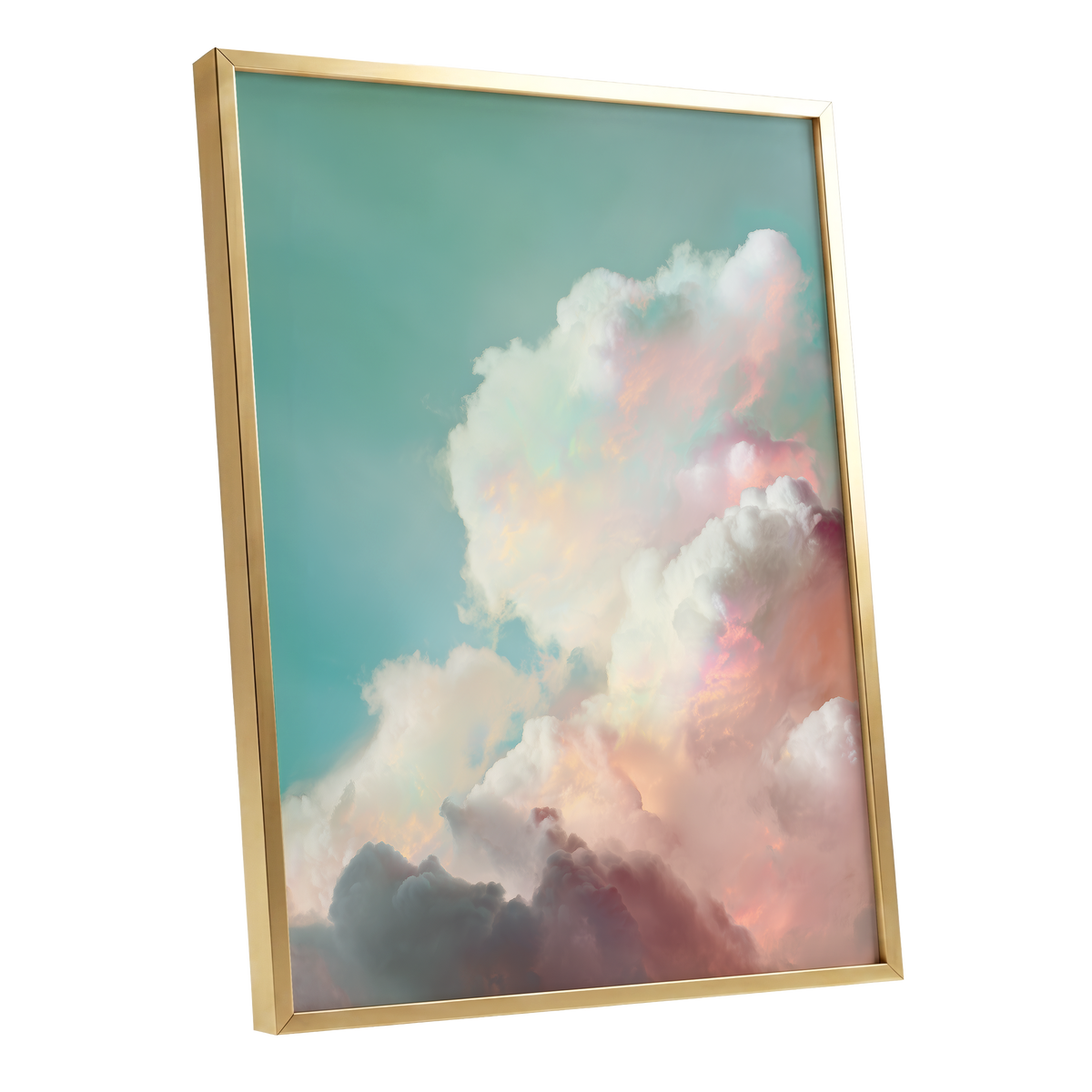 Pastel Cloudbreak, white, pink, blue nature wall art shown as a gold framed poster wall art print