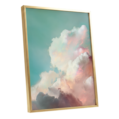 Pastel Cloudbreak, white, pink, blue nature wall art shown as a gold framed poster wall art print