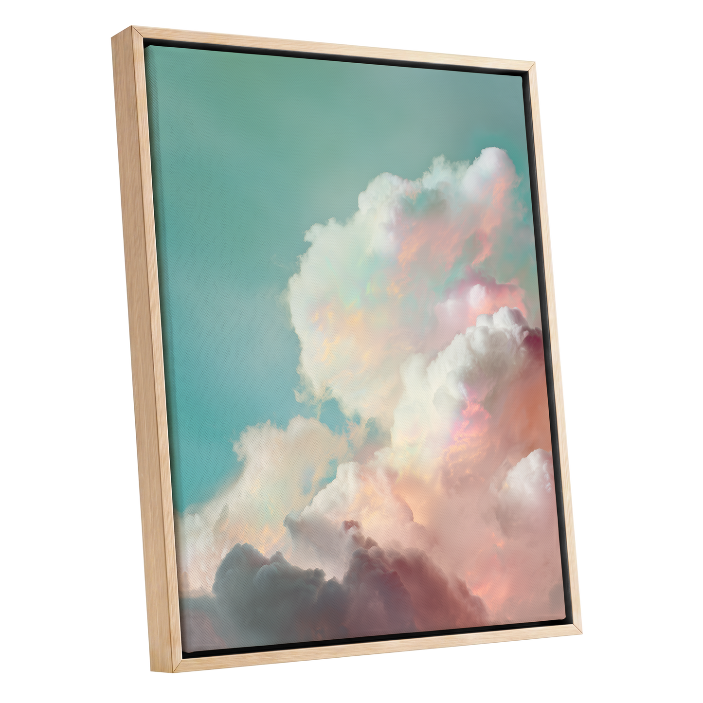 Pastel Cloudbreak, white, pink, blue nature wall art shown as a oak framed canvas wall art