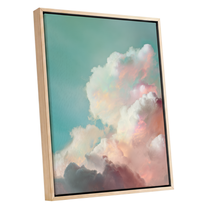 Pastel Cloudbreak, white, pink, blue nature wall art shown as a oak framed canvas wall art