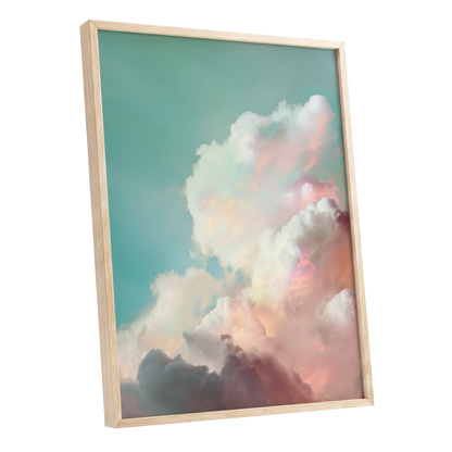 Pastel Cloudbreak, white, pink, blue nature wall art shown as a oak framed poster wall art print