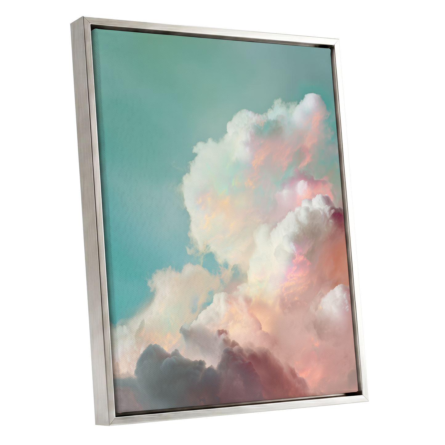 Pastel Cloudbreak, white, pink, blue nature wall art shown as a silver framed canvas wall art