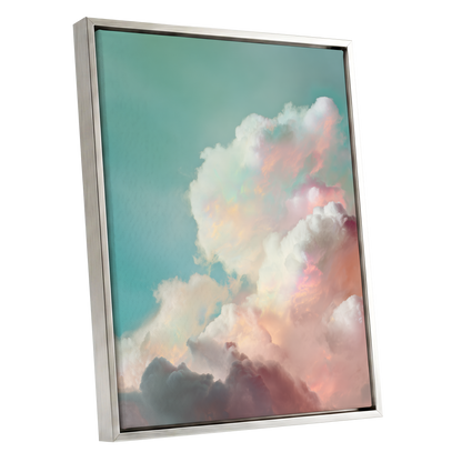 Pastel Cloudbreak, white, pink, blue nature wall art shown as a silver framed canvas wall art