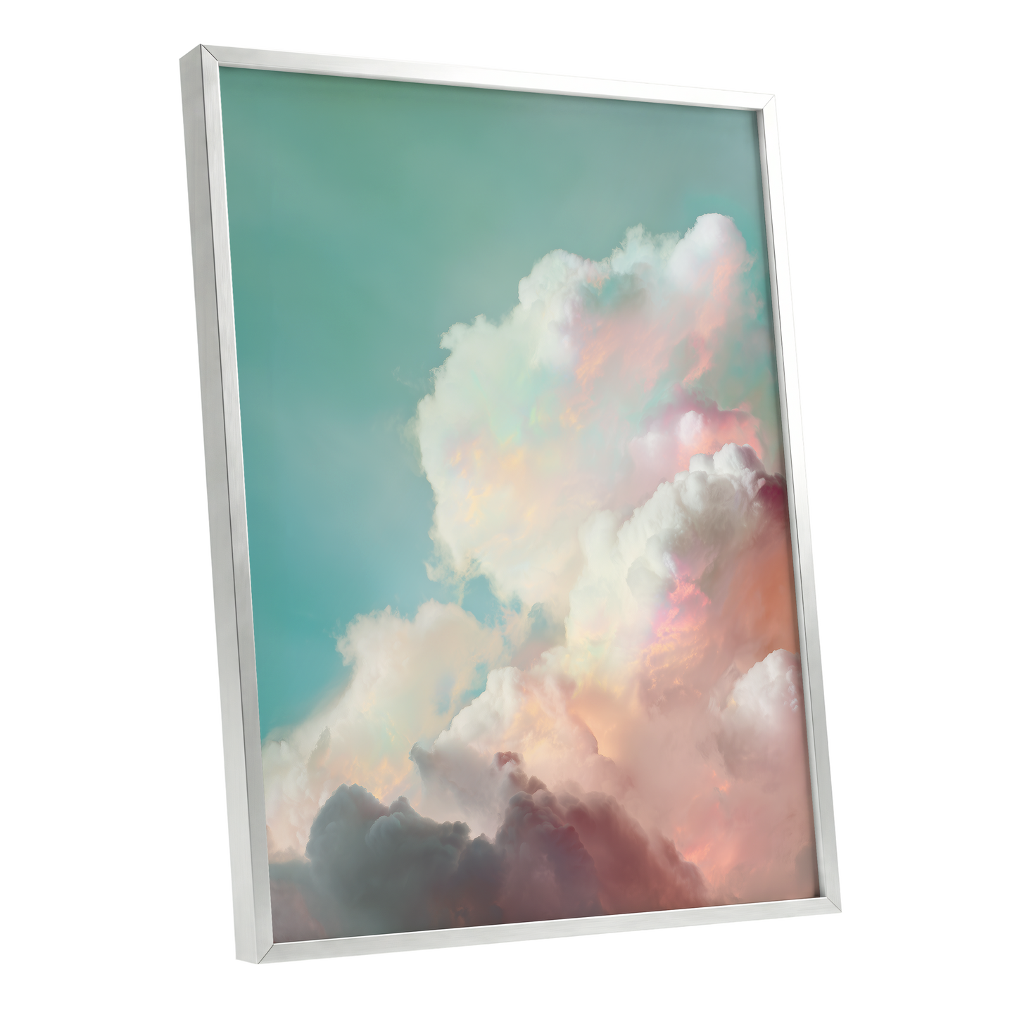 Pastel Cloudbreak, white, pink, blue nature wall art shown as a silver framed poster wall art print