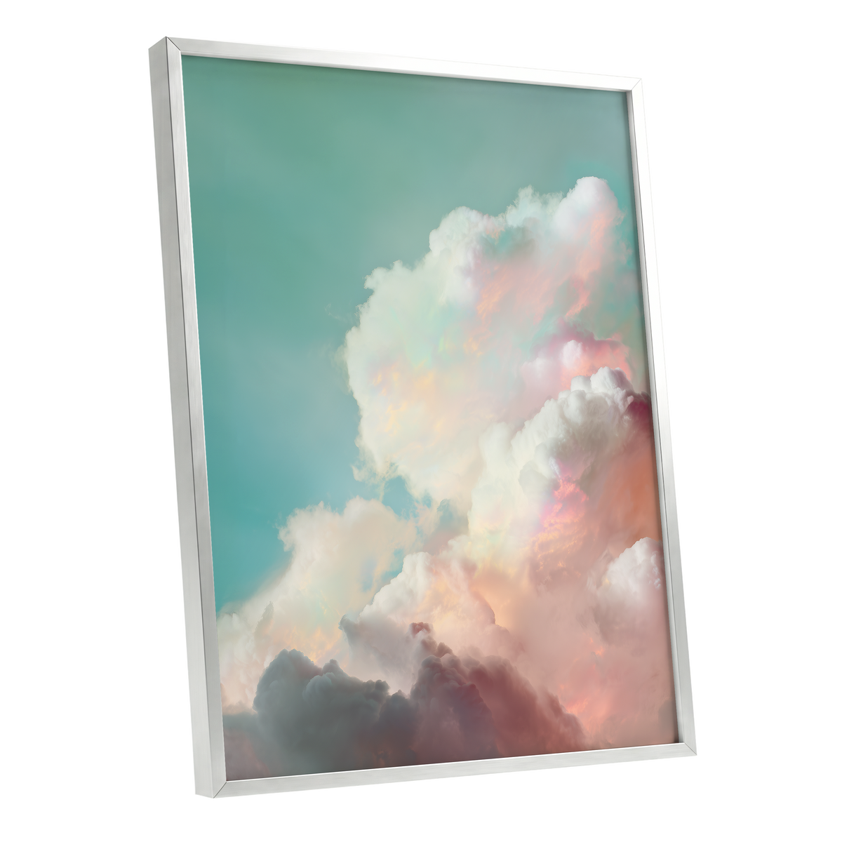 Pastel Cloudbreak, white, pink, blue nature wall art shown as a silver framed poster wall art print