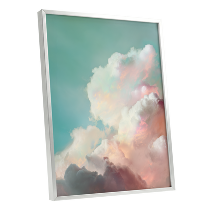 Pastel Cloudbreak, white, pink, blue nature wall art shown as a silver framed poster wall art print