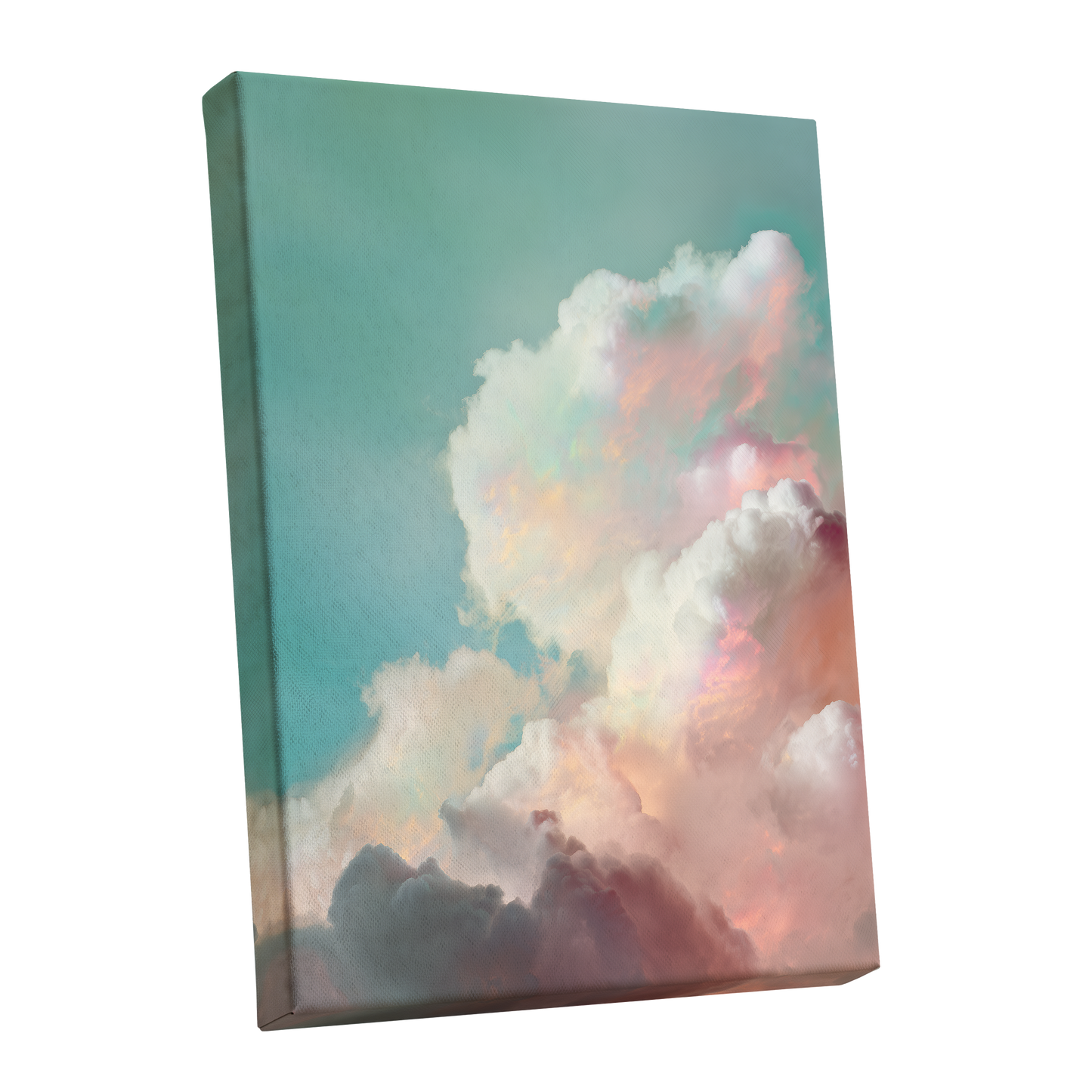 Pastel Cloudbreak, white, pink, blue nature wall art shown as a stretched canvas wall art