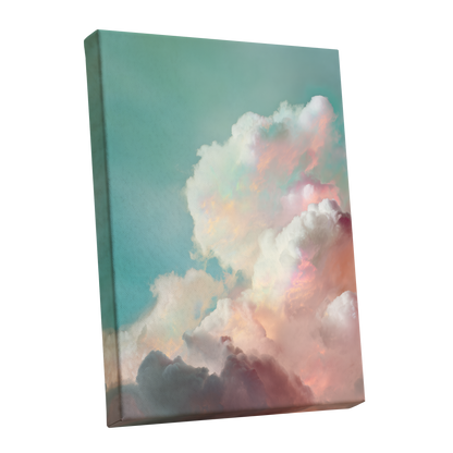 Pastel Cloudbreak, white, pink, blue nature wall art shown as a stretched canvas wall art