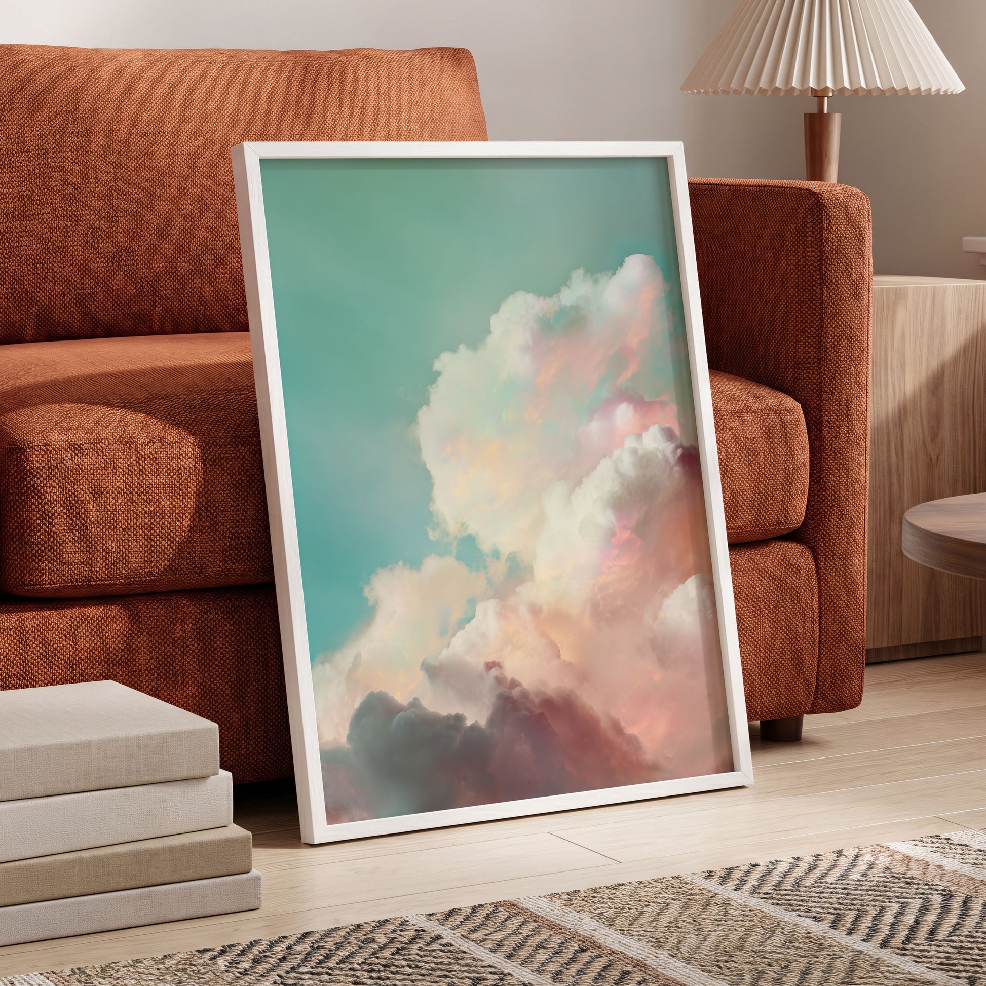 Pastel Cloudbreak, white, pink, blue nature wall art displayed in a styled interior, gallery view 2