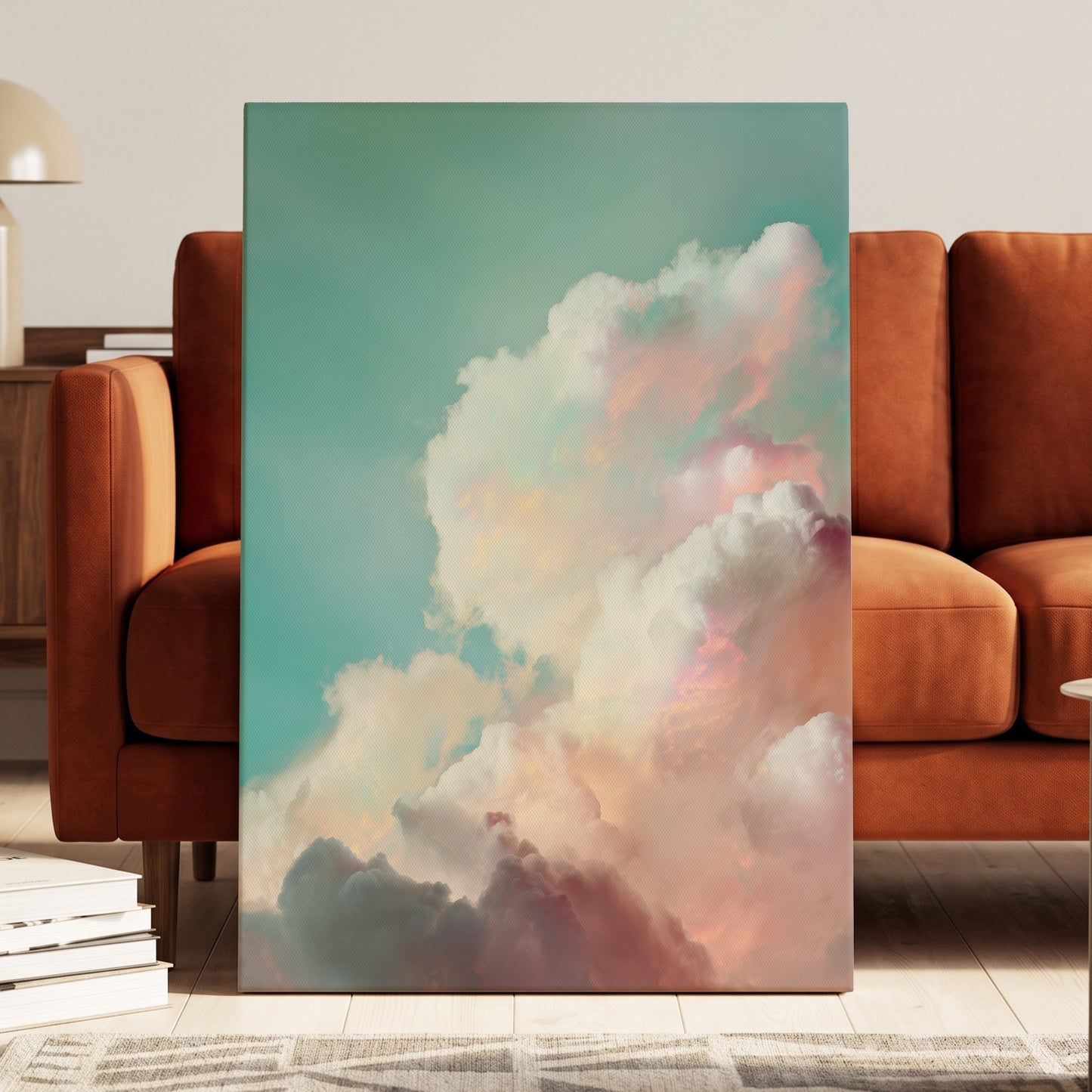 Pastel Cloudbreak, white, pink, blue nature wall art displayed in a styled interior, gallery view 3