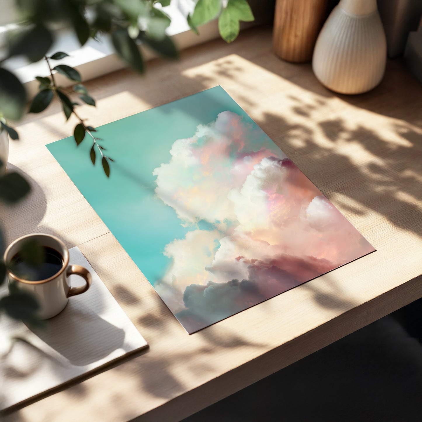 Pastel Cloudbreak, white, pink, blue nature wall art displayed in a styled interior, gallery view 5
