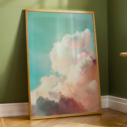 Pastel Cloudbreak, white, pink, blue nature wall art displayed in a styled interior, gallery view 6