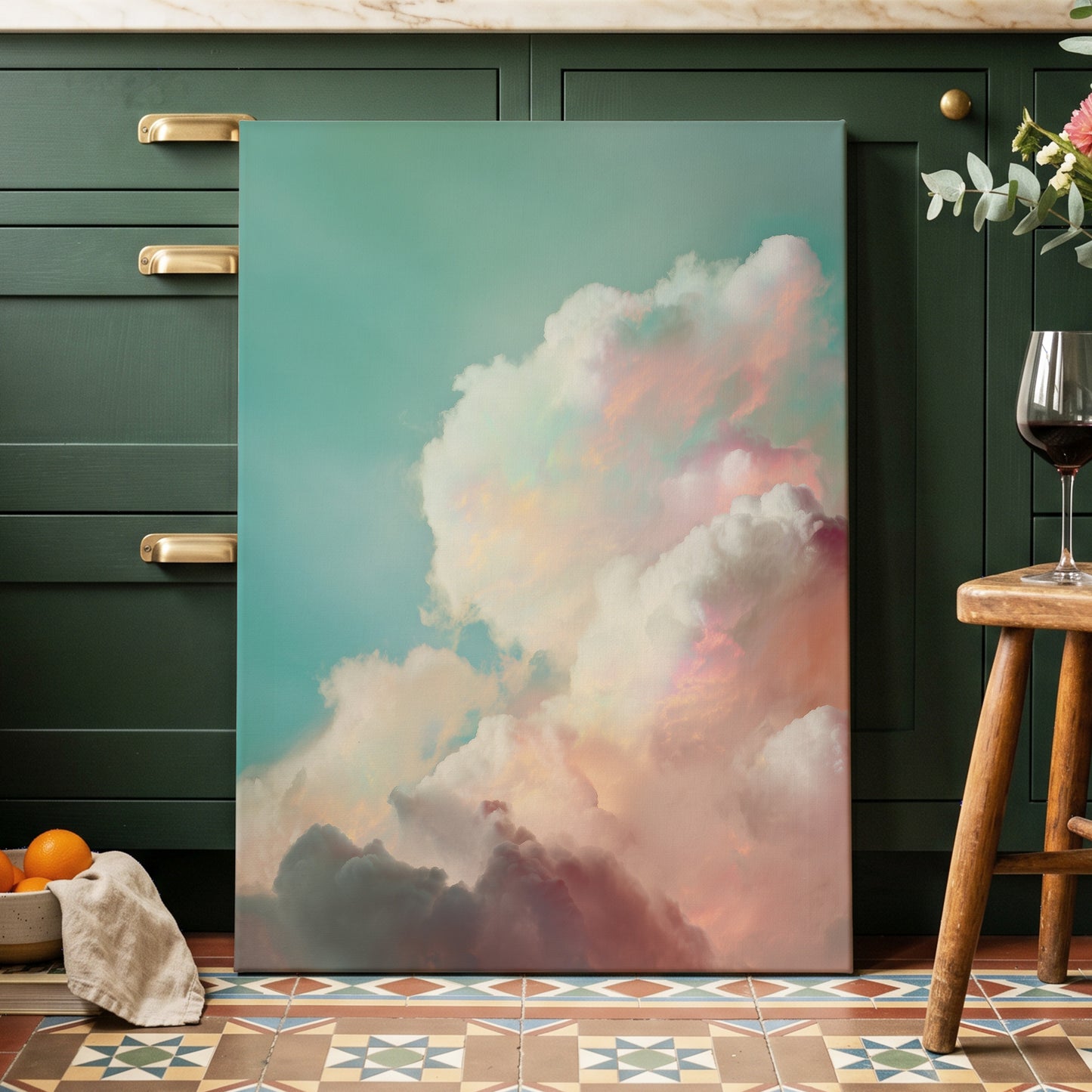 Pastel Cloudbreak, white, pink, blue nature wall art displayed in a styled interior, gallery view 7