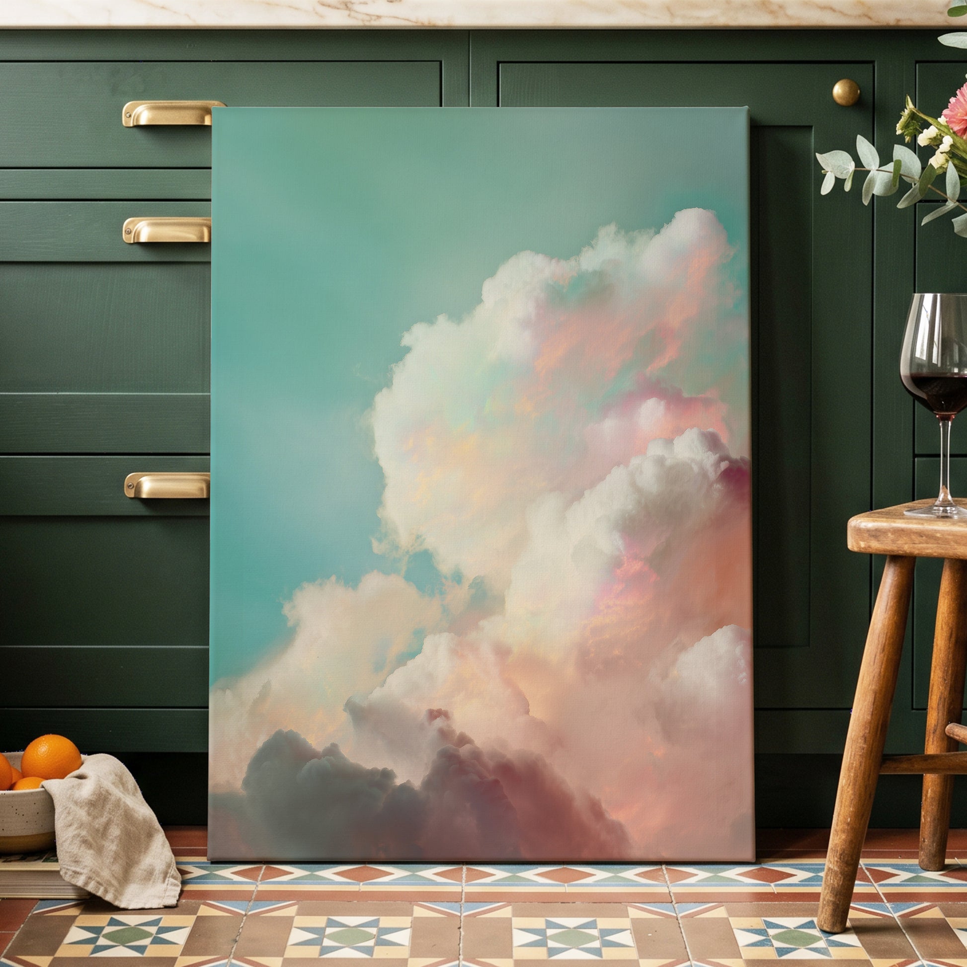 Pastel Cloudbreak, white, pink, blue nature wall art displayed in a styled interior, gallery view 7