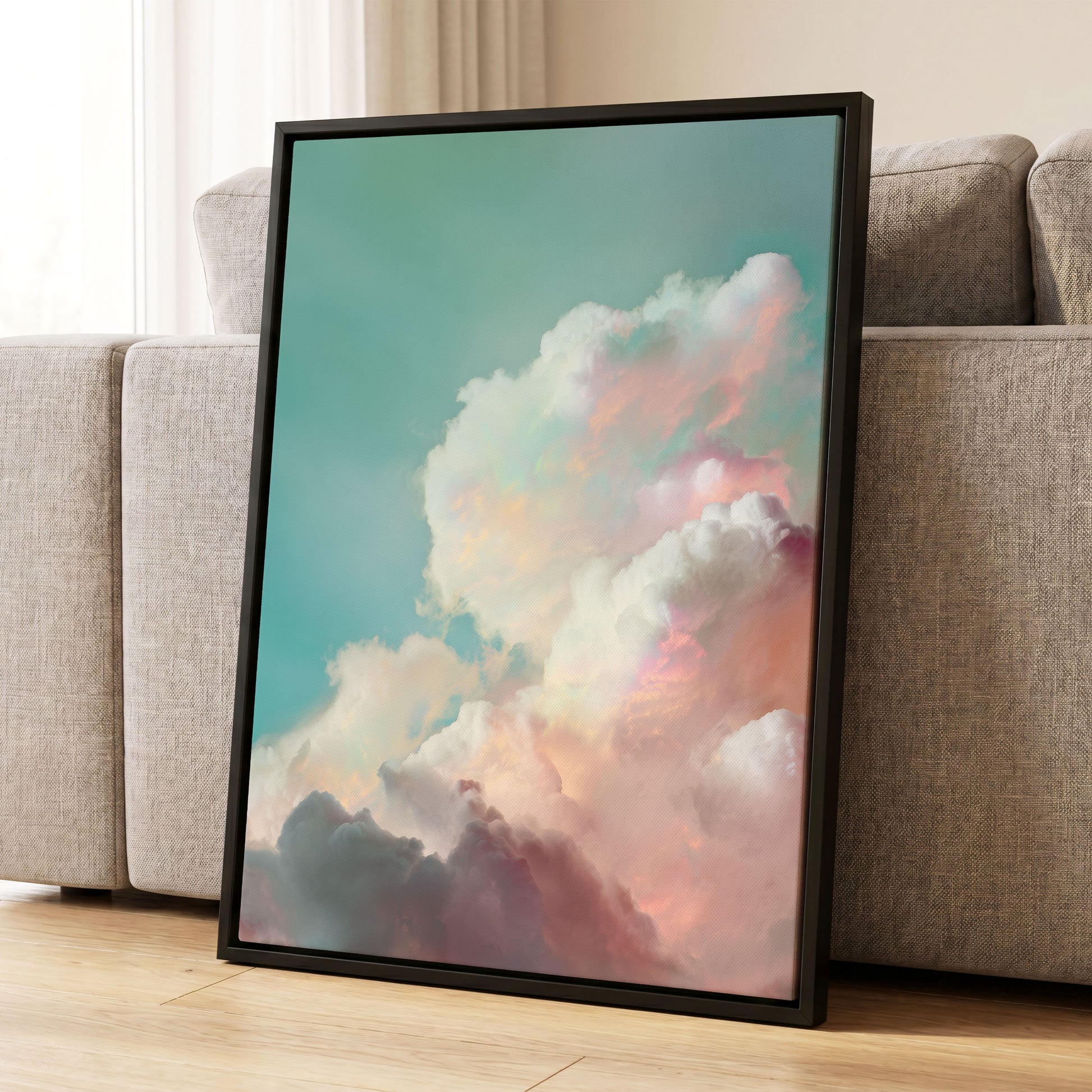 Pastel Cloudbreak, white, pink, blue nature wall art displayed in a styled interior, gallery view 8