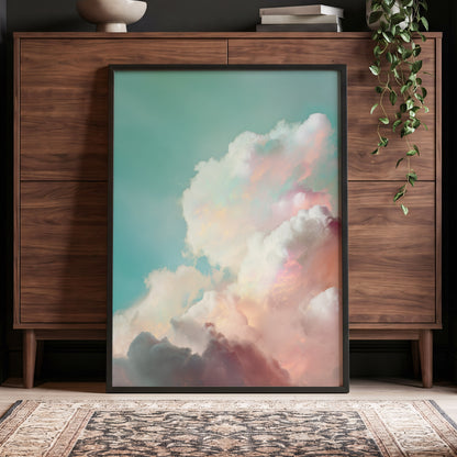 Pastel Cloudbreak, white, pink, blue nature wall art displayed in a styled interior, gallery view 9