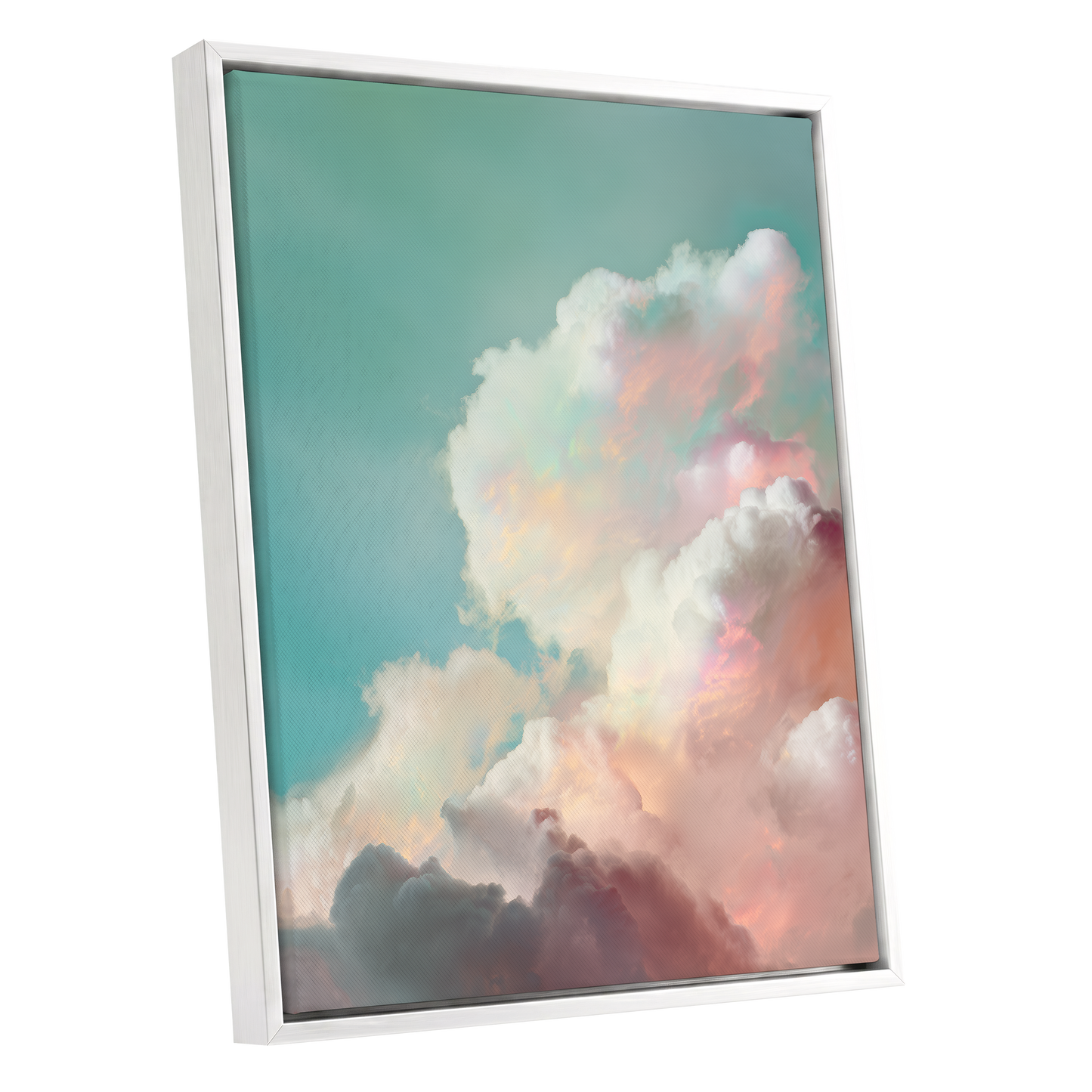 Pastel Cloudbreak, white, pink, blue nature wall art shown as a white framed canvas wall art