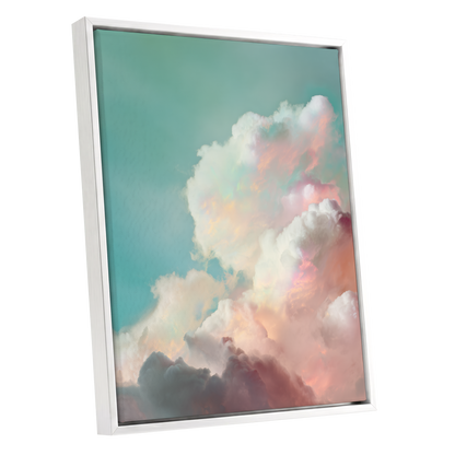 Pastel Cloudbreak, white, pink, blue nature wall art shown as a white framed canvas wall art