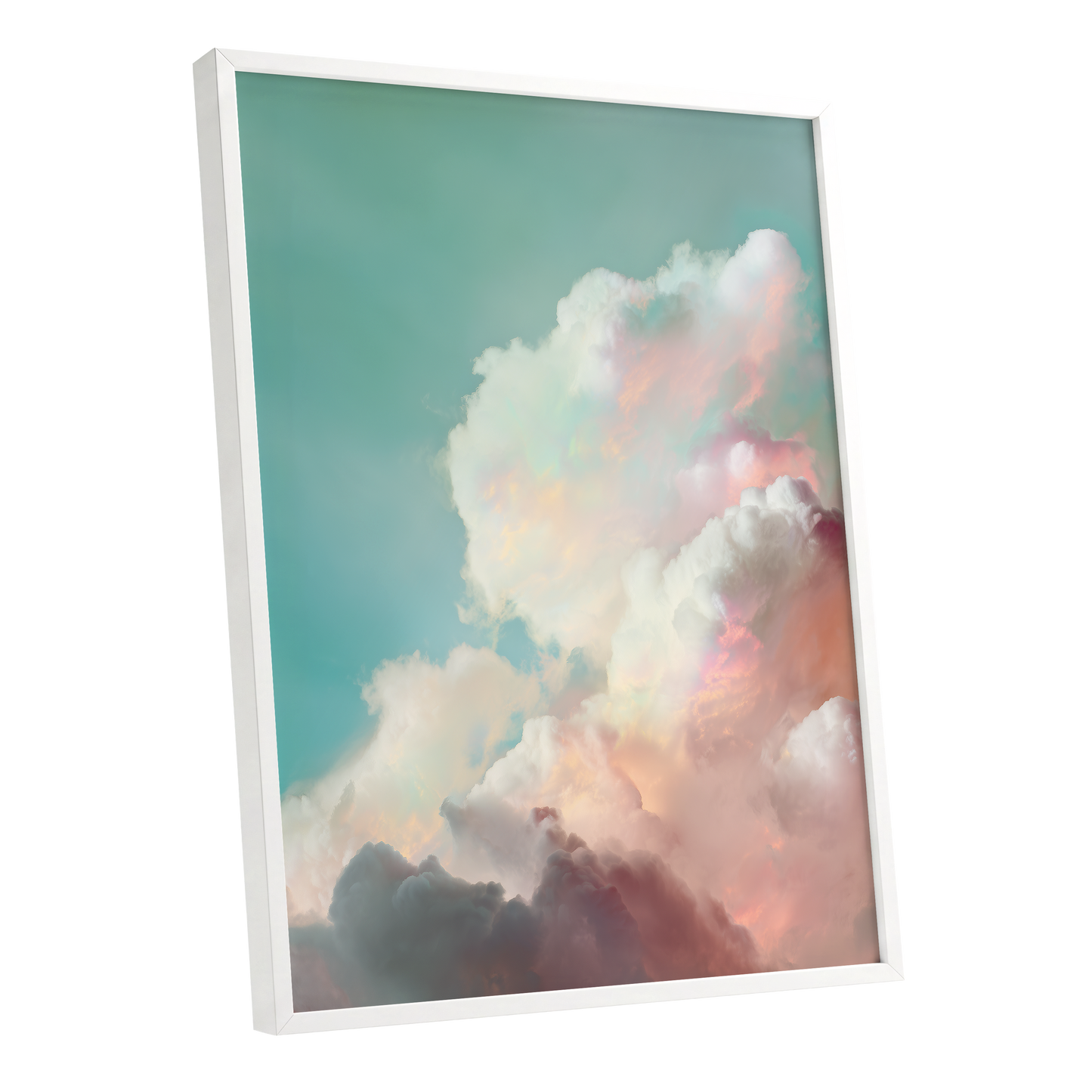 Pastel Cloudbreak, white, pink, blue nature wall art shown as a white framed poster wall art print
