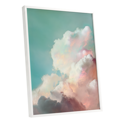 Pastel Cloudbreak, white, pink, blue nature wall art shown as a white framed poster wall art print