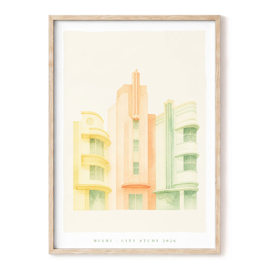 Pastel Deco Facades, green, beige, orange minimalist wall art, front artwork view