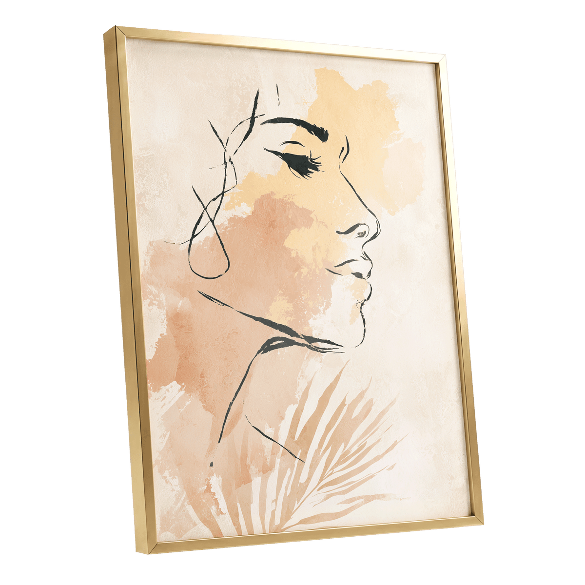 Pastel Feminine Line Art: a framed art print featuring a minimalist black line drawing of a woman's profile over warm beige and peach watercolor washes, enclosed in a slim gold frame against a white background.